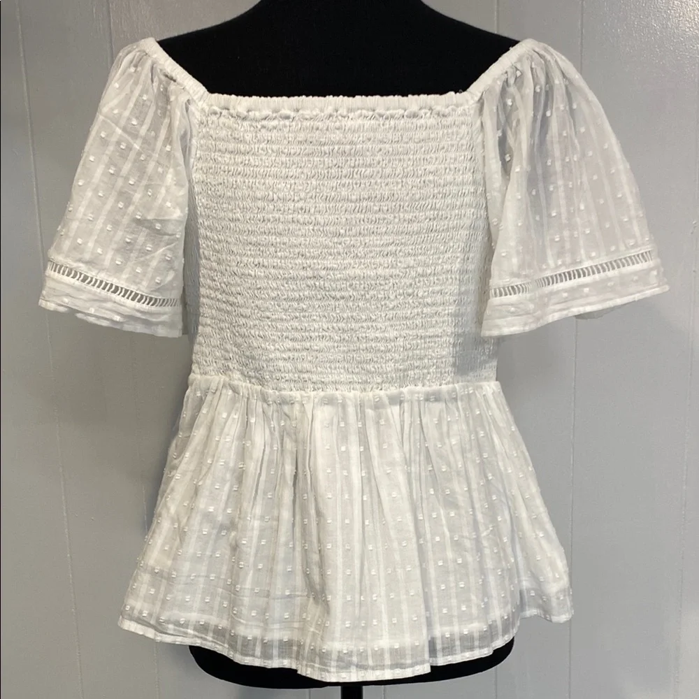 LOFT Blouse Ruffle Puff Sleeve Smocked Swiss Dot Romantic Milkmaid White Medium